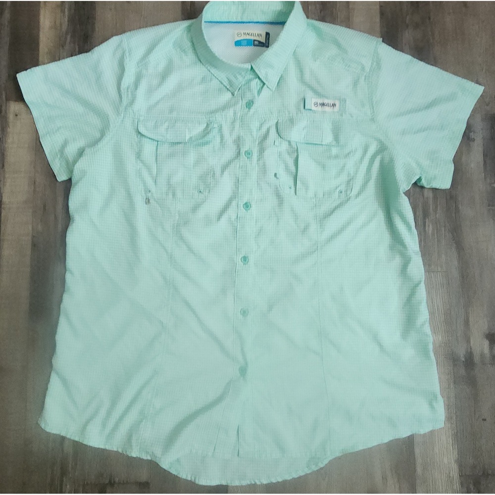 Magellan Outdoors Fishing Shirt Womens 2XL Green Gingham Plaid Short Sleeve Vent